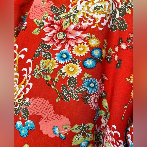 Vintage Japanese kimono red orange open front MADE IN JAPAN Rayon Flowers - Picture 3 of 6